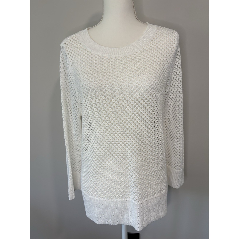 Talbots White Open‎ Weave Pullover Sweater Size Large Boxy Oversized Beach Layer